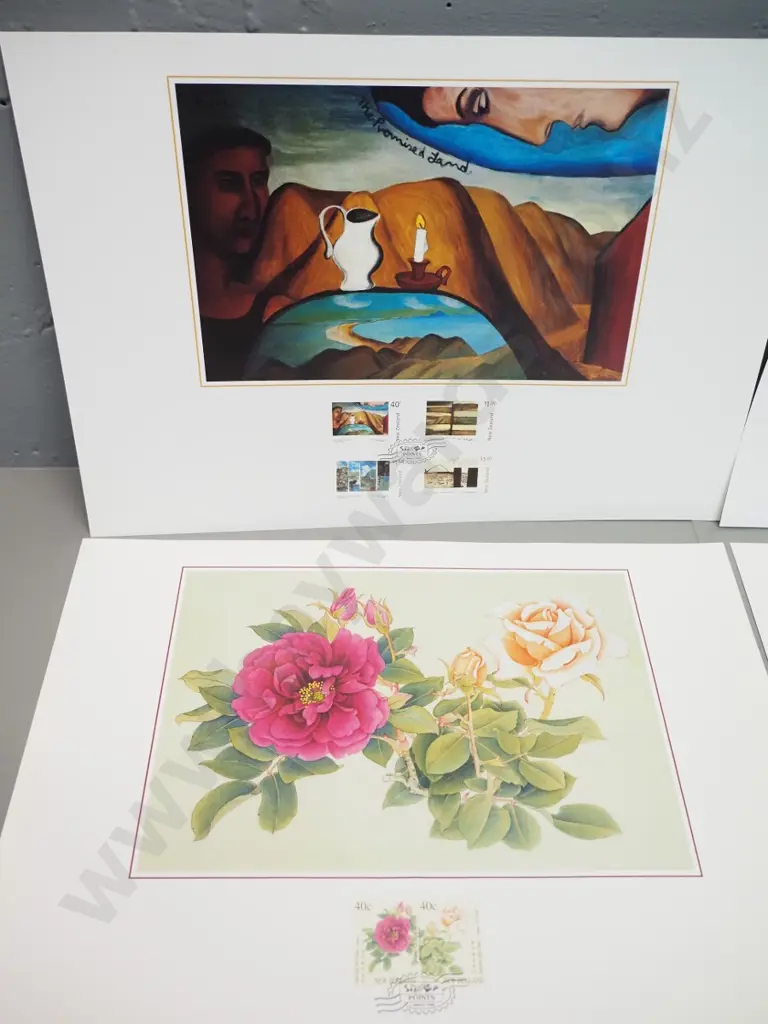 4 New Zealand Post collector's stamp & poster prints: Doris Lusk, Colin McCahon, Peter McIntyre war art, floral painting Image 1++
