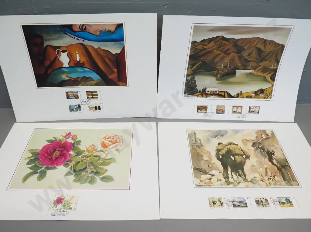 4 New Zealand Post collector's stamp & poster prints: Doris Lusk, Colin McCahon, Peter McIntyre war art, floral painting Image 1++