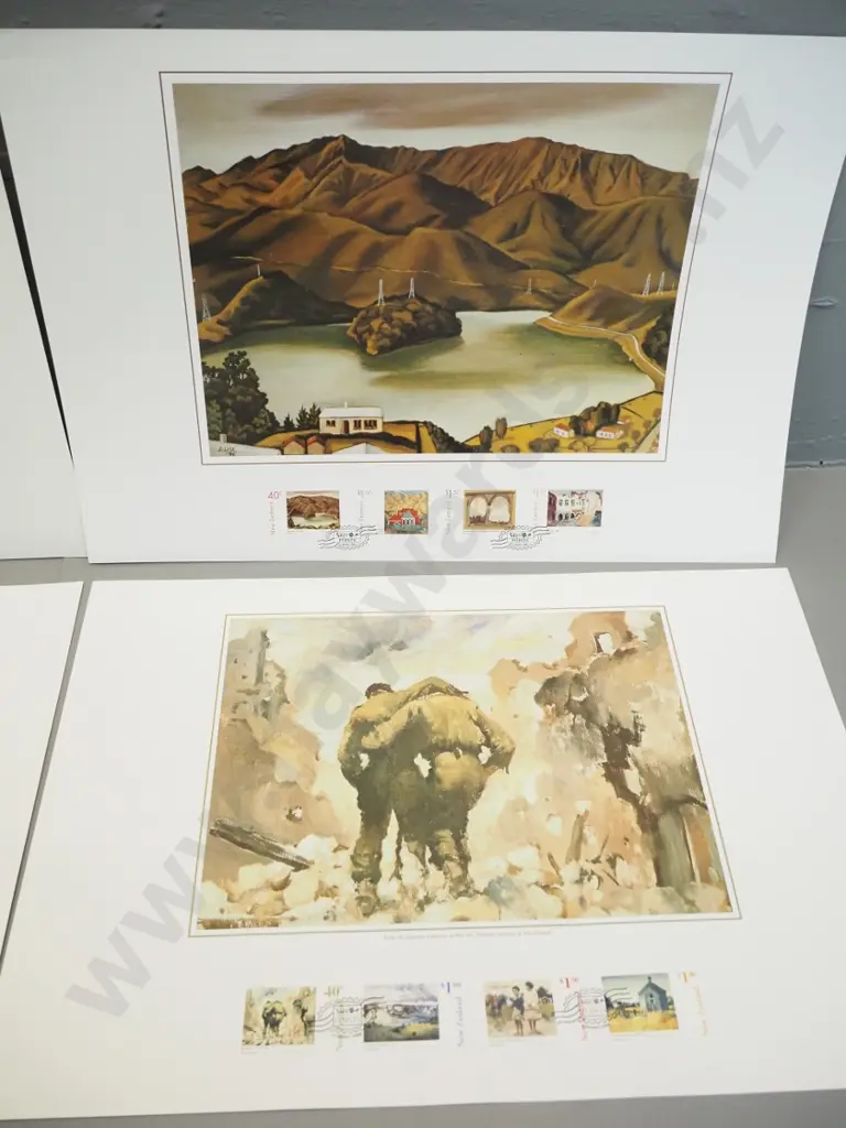4 New Zealand Post collector's stamp & poster prints: Doris Lusk, Colin McCahon, Peter McIntyre war art, floral painting Image 1++
