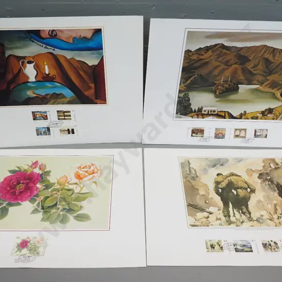 4 New Zealand Post collector's stamp & poster prints: Doris Lusk, Colin McCahon, Peter McIntyre war art, floral painting