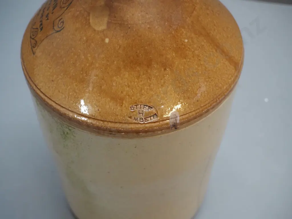 Wests Dunedin narrow mouth crock with screw stopper and metal handle - chip to rim H-360 D-200 Image 1++