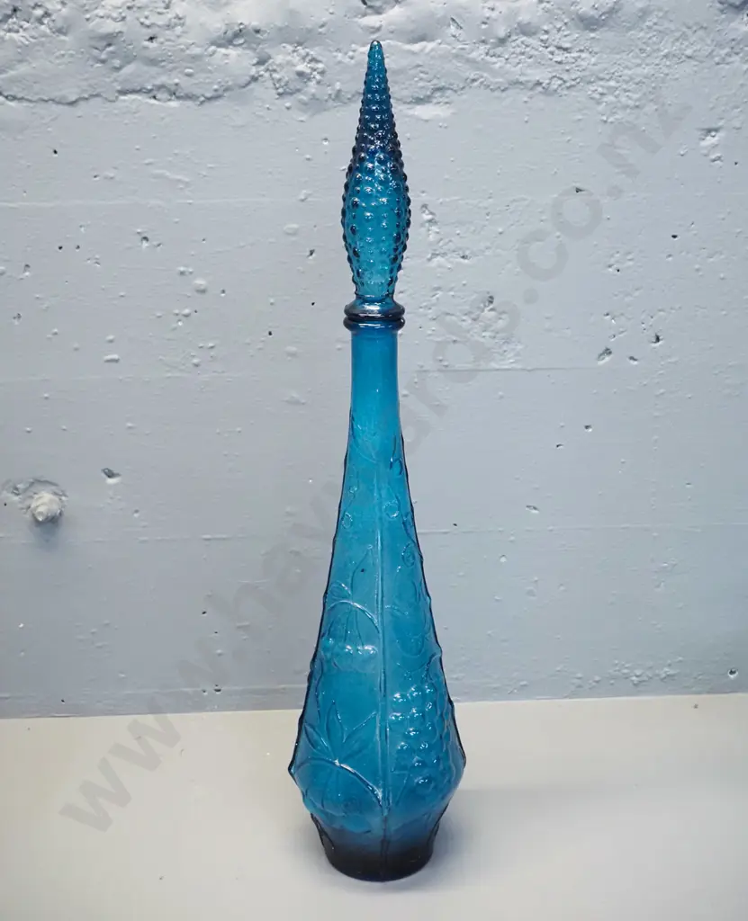 blue moulded glass stoppered genie bottle with fruits pattern H-570 D-130 Image 1++