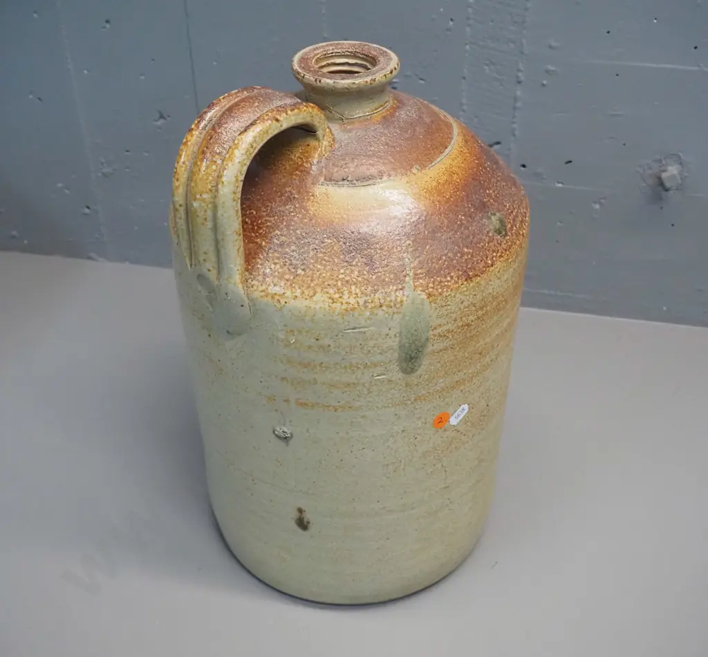large handled narrow-mouth stoneware crock marked Dominion Fertiliser Co Dunedin - Poison H-430 D-260 Image 1++