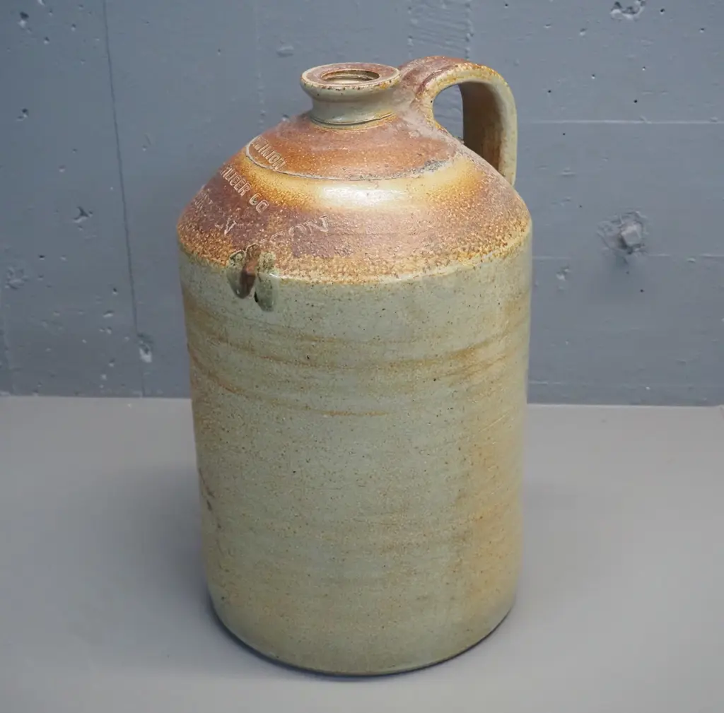large handled narrow-mouth stoneware crock marked Dominion Fertiliser Co Dunedin - Poison H-430 D-260 Image 1++