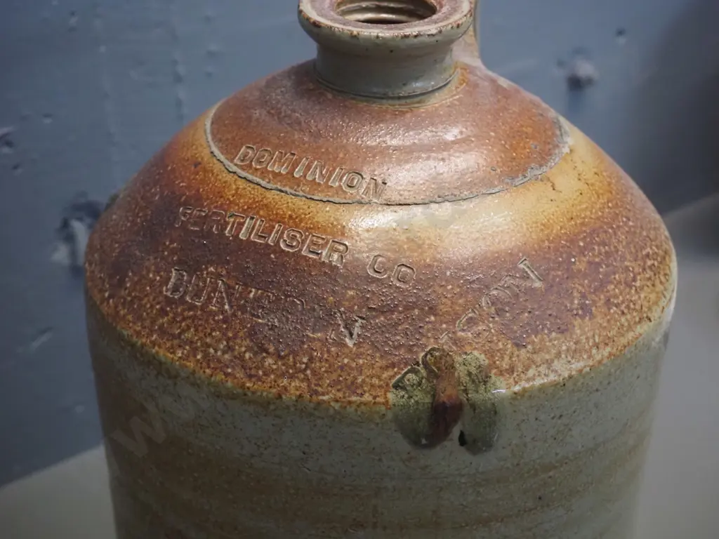 large handled narrow-mouth stoneware crock marked Dominion Fertiliser Co Dunedin - Poison H-430 D-260 Image 1++