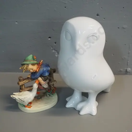 Royal Dux white owl figure H-260 and a Hummel boy figurine with small areas of finish loss