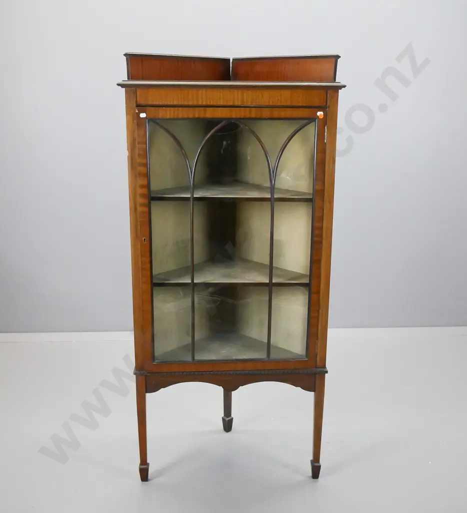vintage walnut corner cupboard on stand having astral glazed door , crack to central glass panel Image 1++