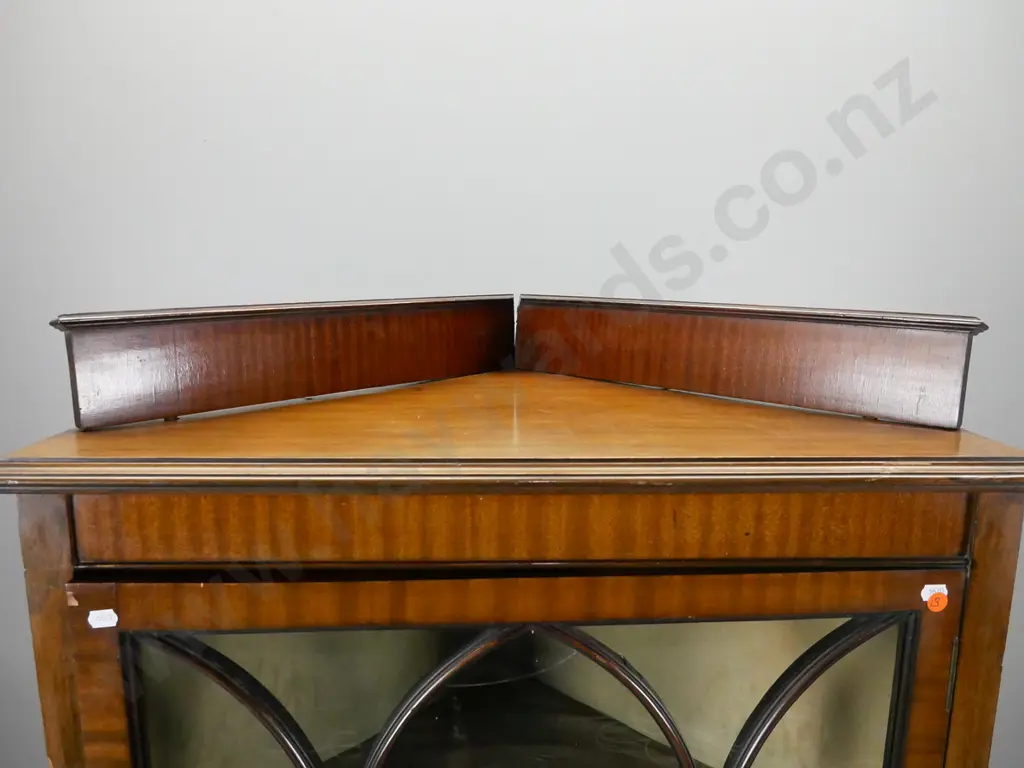 vintage walnut corner cupboard on stand having astral glazed door , crack to central glass panel Image 1++