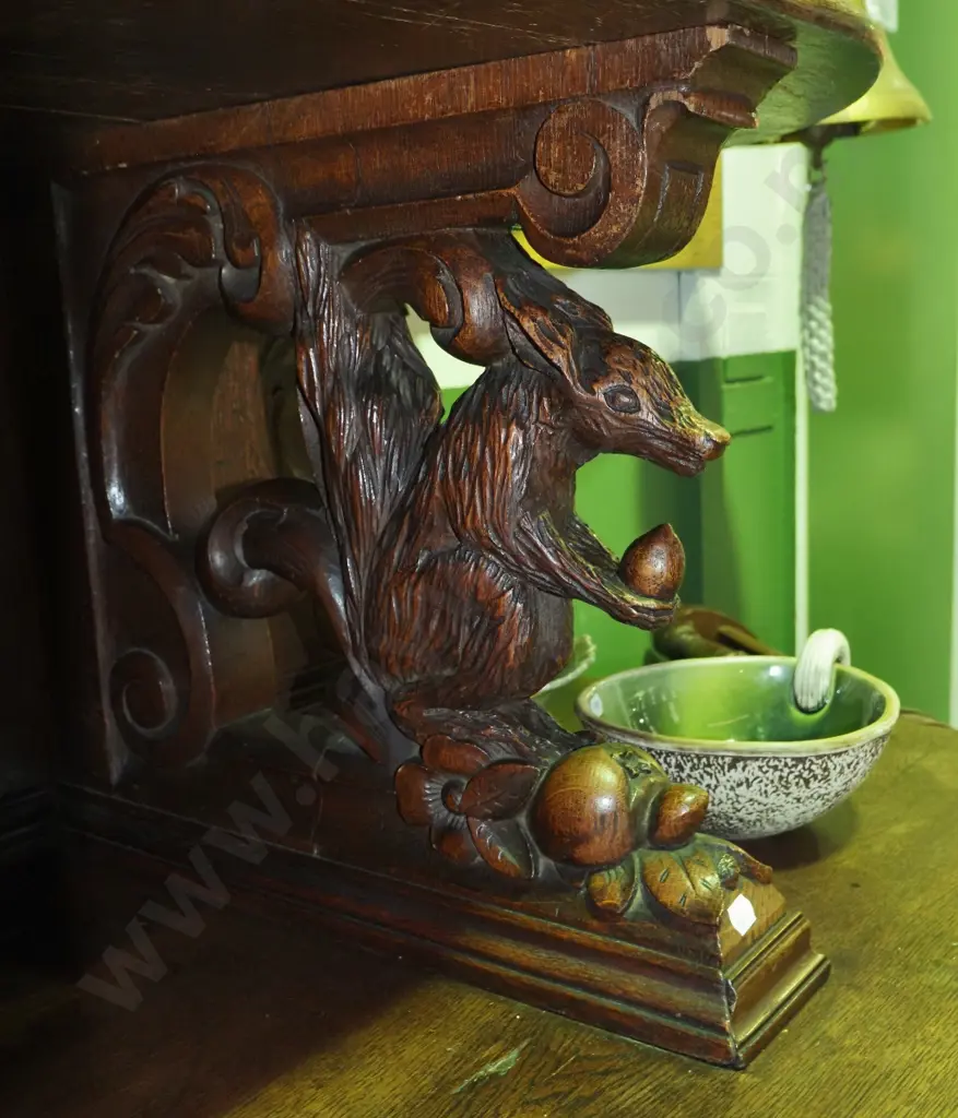 large 3-door 2-drawer northern European carved oak sideboard w/ central dome shaped cornice over cupboard door, semi- Image 1++