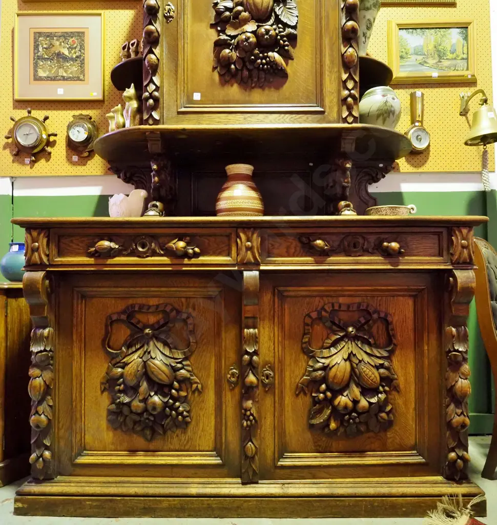 large 3-door 2-drawer northern European carved oak sideboard w/ central dome shaped cornice over cupboard door, semi- Image 1++