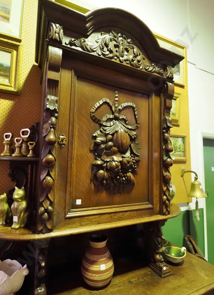 large 3-door 2-drawer northern European carved oak sideboard w/ central dome shaped cornice over cupboard door, semi- Image 1++