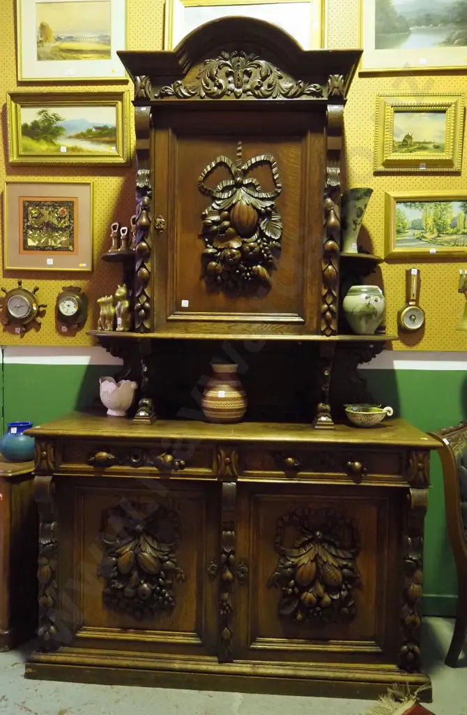 large 3-door 2-drawer northern European carved oak sideboard w/ central dome shaped cornice over cupboard door, semi- Image 1++
