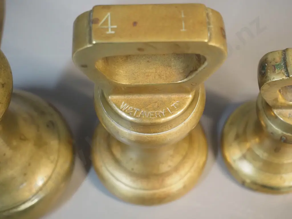 4 vintage brass bell weights - largest H-180 marked Pooley & Sons, no weight, other 3 are Avery, 1 2 and 4 pound Image 1++