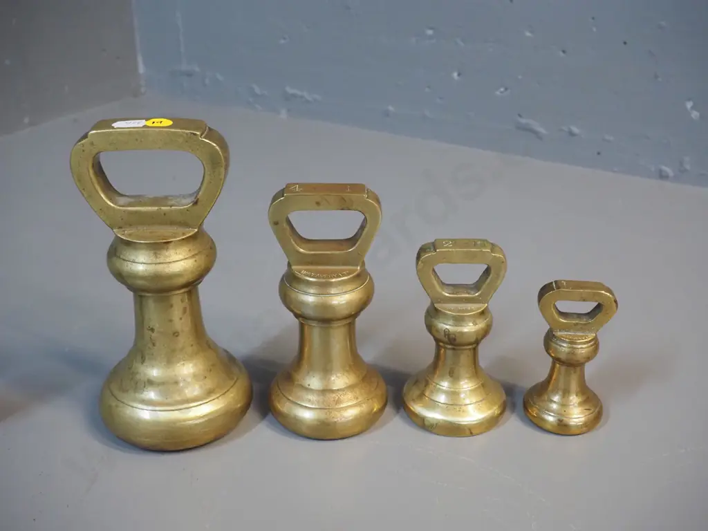 4 vintage brass bell weights - largest H-180 marked Pooley & Sons, no weight, other 3 are Avery, 1 2 and 4 pound Image 1++