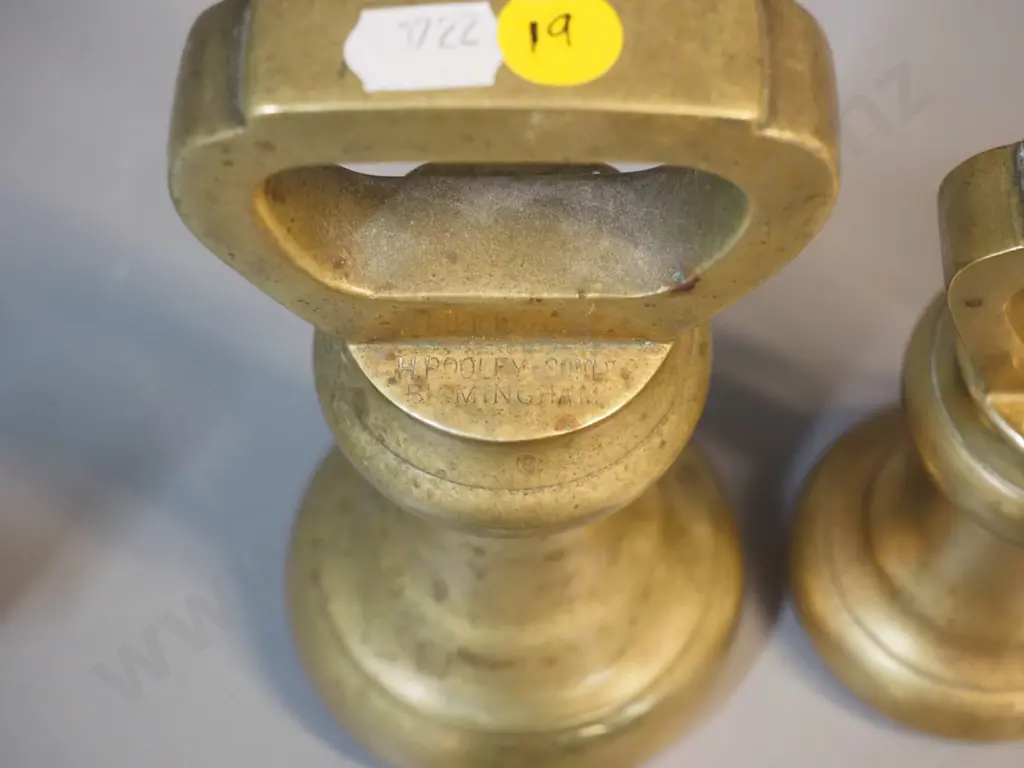 4 vintage brass bell weights - largest H-180 marked Pooley & Sons, no weight, other 3 are Avery, 1 2 and 4 pound Image 1++
