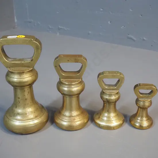 4 vintage brass bell weights - largest H-180 marked Pooley & Sons, no weight, other 3 are Avery, 1 2 and 4 pound