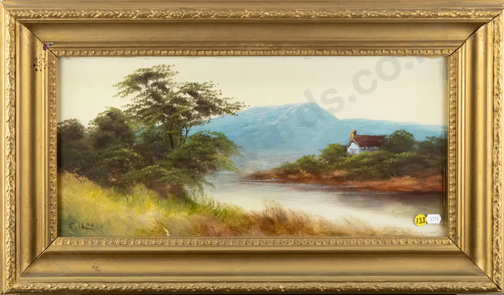 illegible signature - gilt framed oil - river scene H-220 W-460 Image 1++