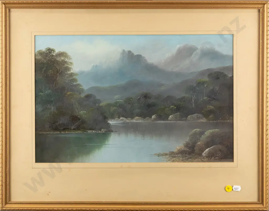 Chas Young 1913 - framed watercolour - lake and mountain scene H-270 W-420 (some foxing to mat) Image 1++