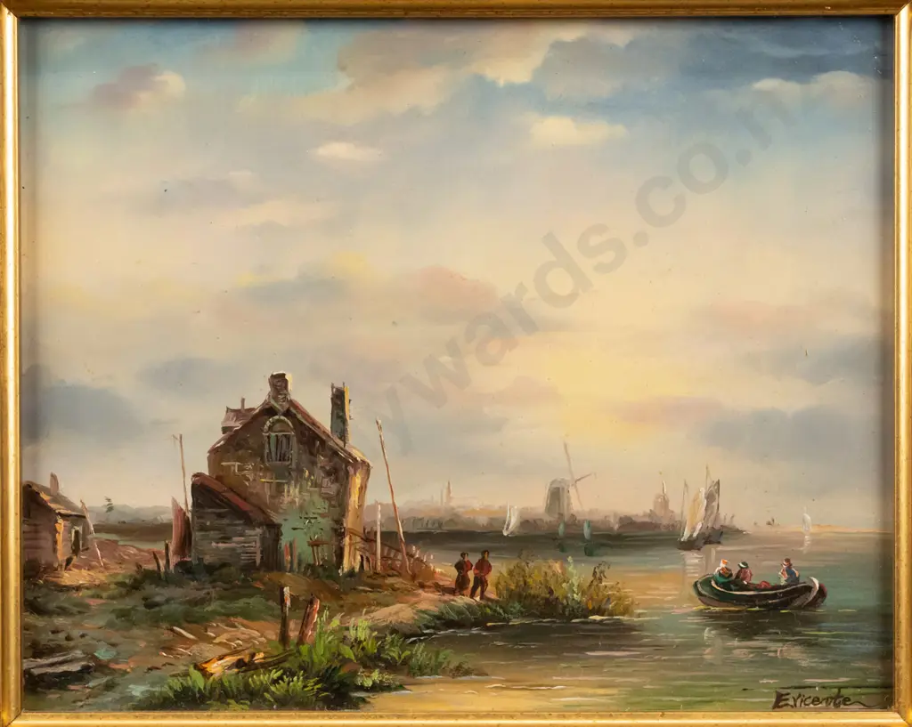 illegible signature - gilt framed oil - river scene H-185 W-24 Image 1++