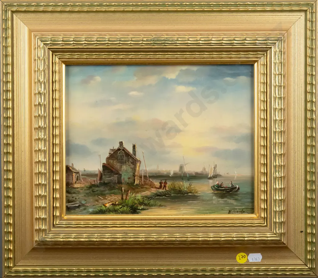 illegible signature - gilt framed oil - river scene H-185 W-24 Image 1++