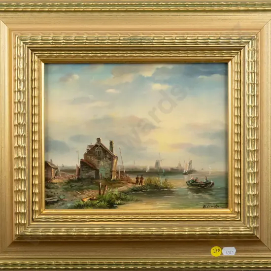 illegible signature - gilt framed oil - river scene H-185 W-24
