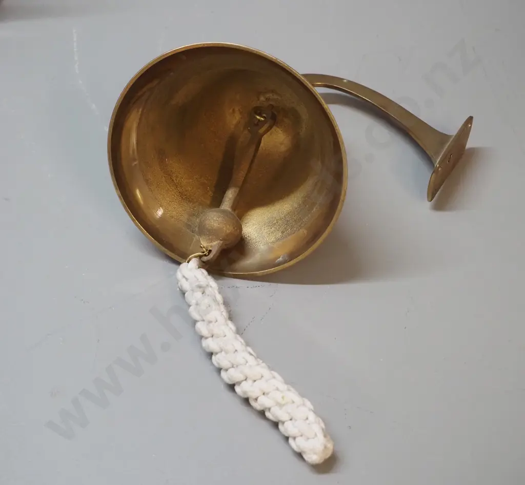 large brass wall-mount bell with corded clapper 'handle' H140 D-180 Image 1++