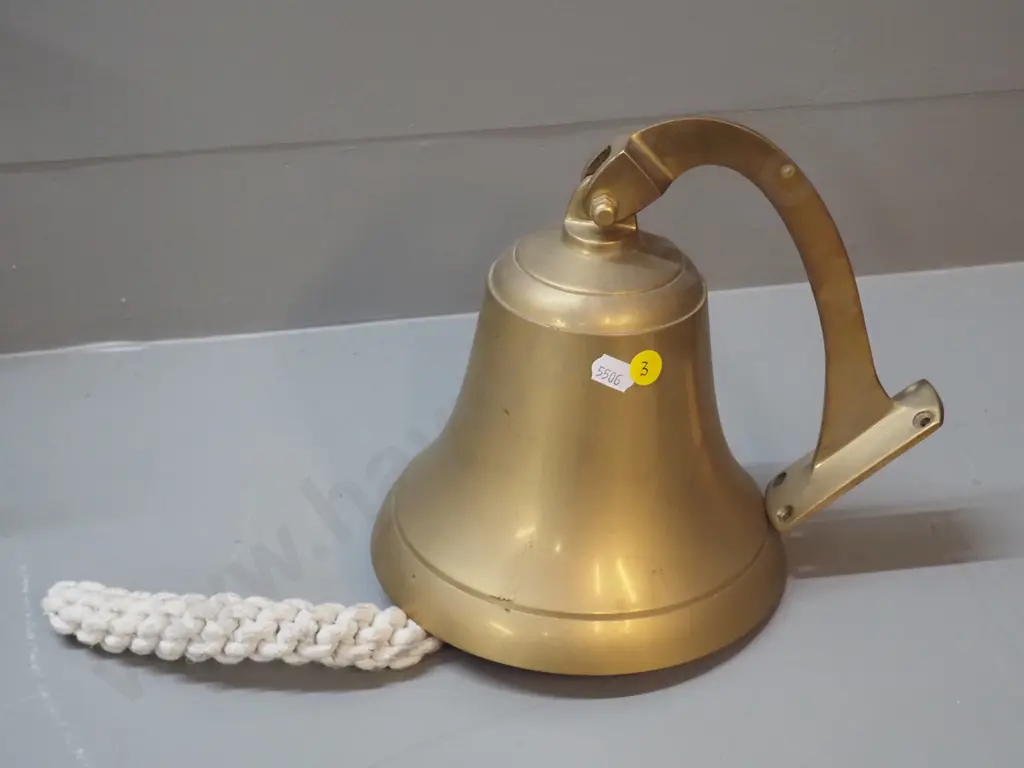 large brass wall-mount bell with corded clapper 'handle' H140 D-180 Image 1++