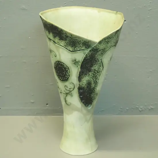 studio pottery flower / leaf shape vase - impressed mark 'PC 2012 NZ' H-295 D-170 at rim