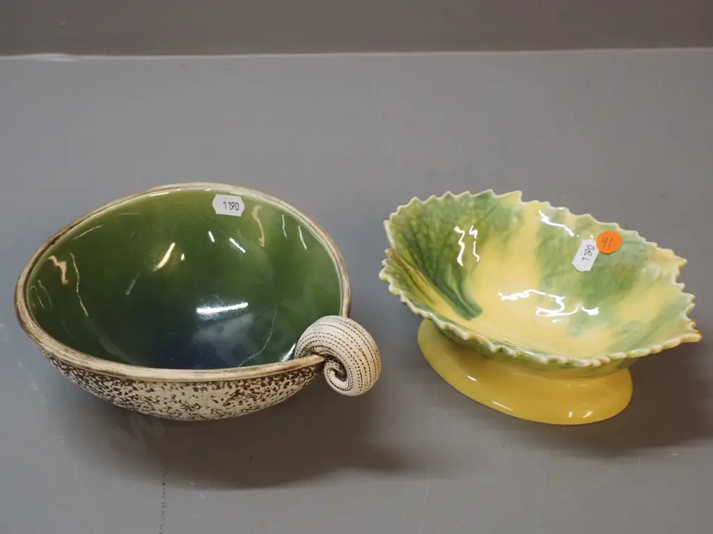 Mcglashan NZ studio pottery handled dish H85 L200 and a Temuka pottery footed leaf dish Image 1++