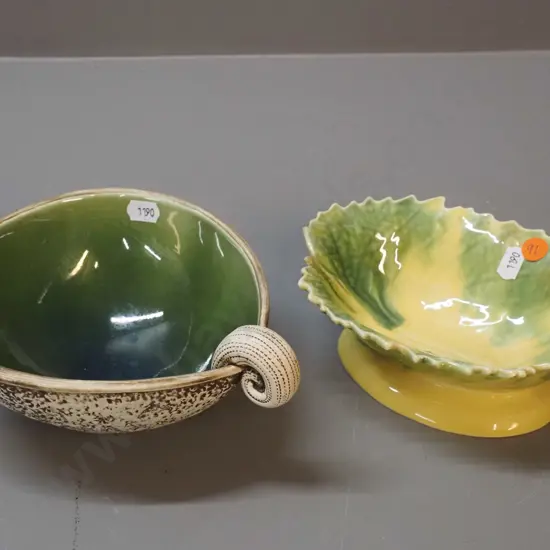 Mcglashan NZ studio pottery handled dish H85 L200 and a Temuka pottery footed leaf dish