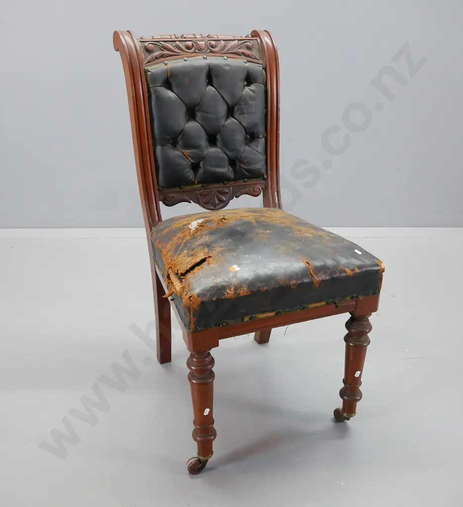 Cromwellian style dining chair in walnut, deep button leather back, torn leather seat, on turned legs Image 1++