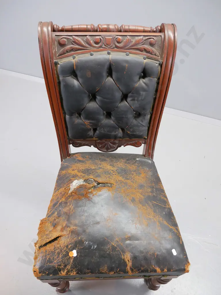 Cromwellian style dining chair in walnut, deep button leather back, torn leather seat, on turned legs Image 1++