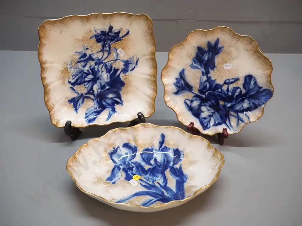 3 Royal Doulton blue iris items - 2 plates and a bowl.Larger plate is 260 x 260, bowl is 220 x 300. Image 1++