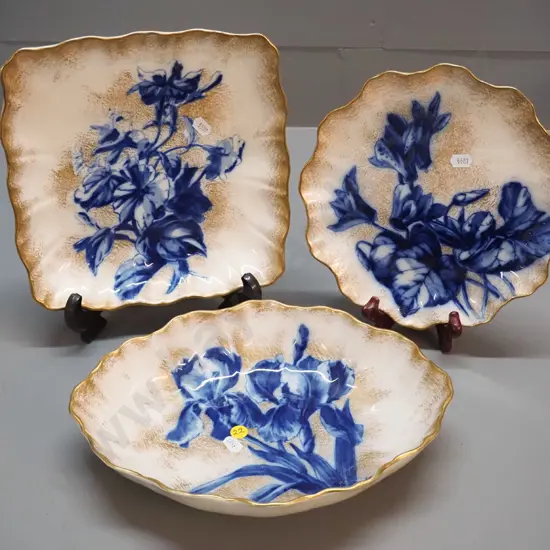 3 Royal Doulton blue iris items - 2 plates and a bowl.Larger plate is 260 x 260, bowl is 220 x 300.