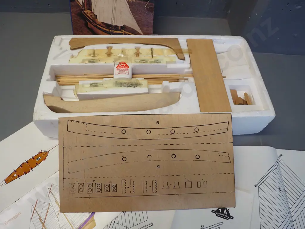 yet-to-be-assembled Ark Models timber model ship kit - lug-rigged ship Smuggler - only top of original box remains Image 1++