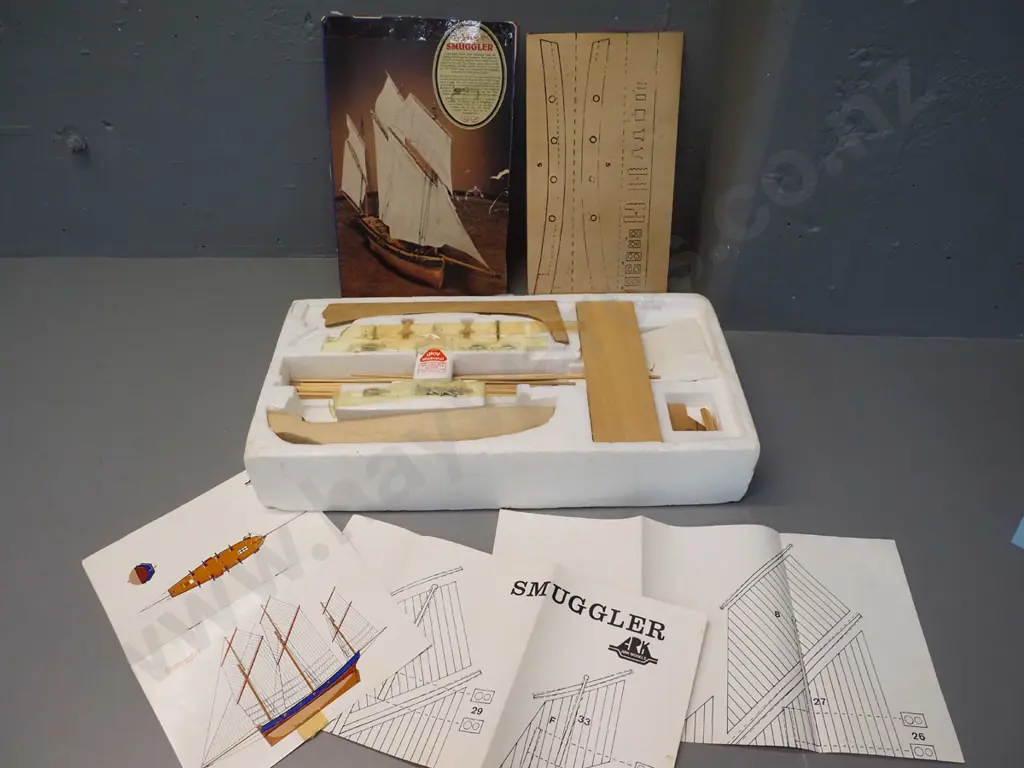 yet-to-be-assembled Ark Models timber model ship kit - lug-rigged ship Smuggler - only top of original box remains Image 1++