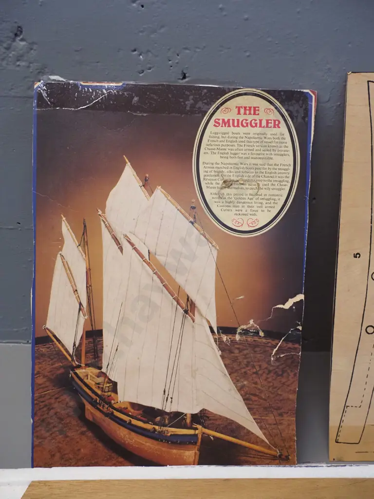 yet-to-be-assembled Ark Models timber model ship kit - lug-rigged ship Smuggler - only top of original box remains Image 1++