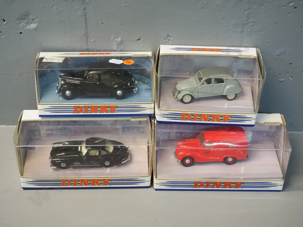 4 boxed Dinky die-cast 1:43 scale model vehicles - 1950 Ford, 1953 Austin van, 1955 Mercedes, 1957 Citroen 2CV Image 1++