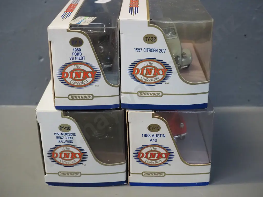 4 boxed Dinky die-cast 1:43 scale model vehicles - 1950 Ford, 1953 Austin van, 1955 Mercedes, 1957 Citroen 2CV Image 1++