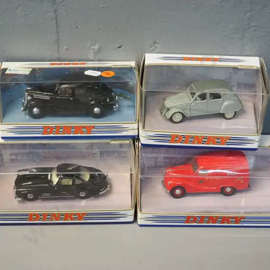 4 boxed Dinky die-cast 1:43 scale model vehicles - 1950 Ford, 1953 Austin van, 1955 Mercedes, 1957 Citroen 2CV