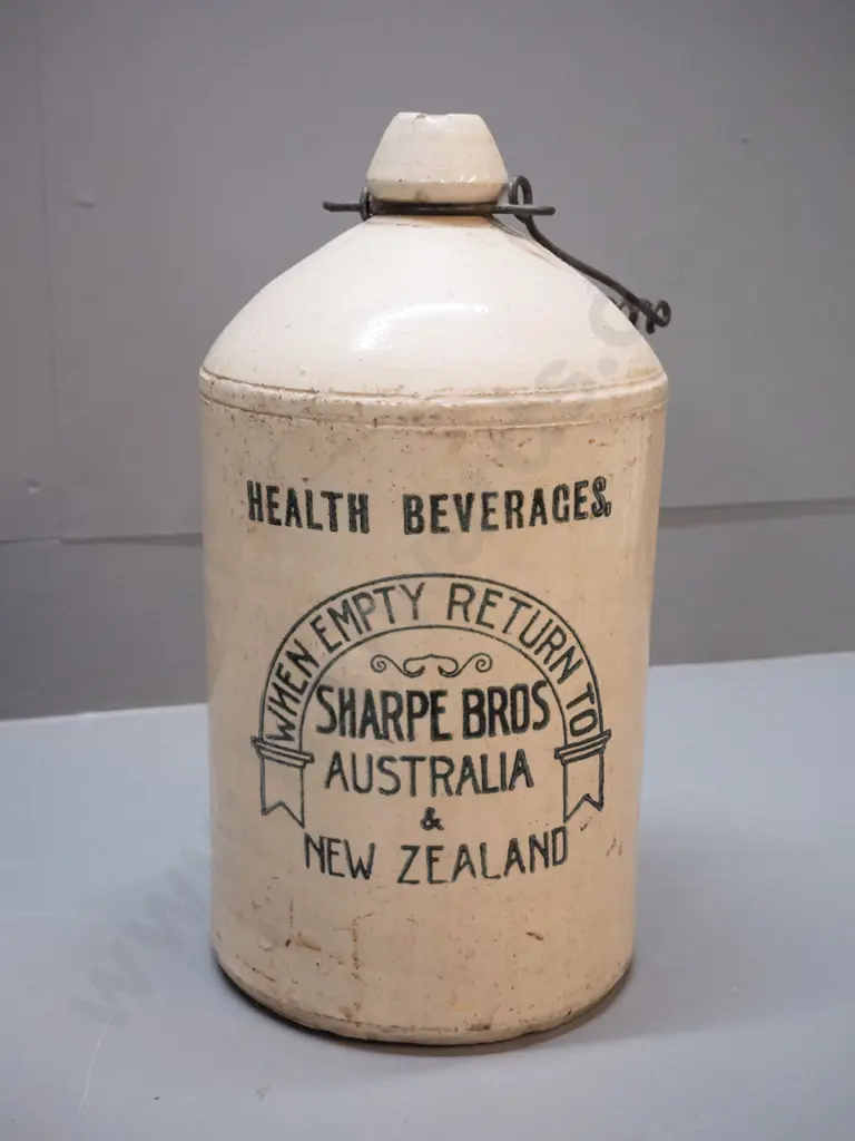 Sharpe Bros. Australia & New Zealand narrow-mouth stoneware crock with wire handle H-360 D-200 - chip to rim Image 1++