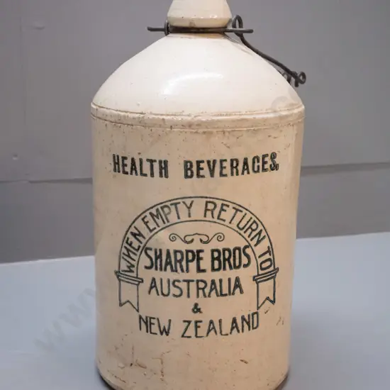 Sharpe Bros. Australia & New Zealand narrow-mouth stoneware crock with wire handle H-360 D-200 - chip to rim