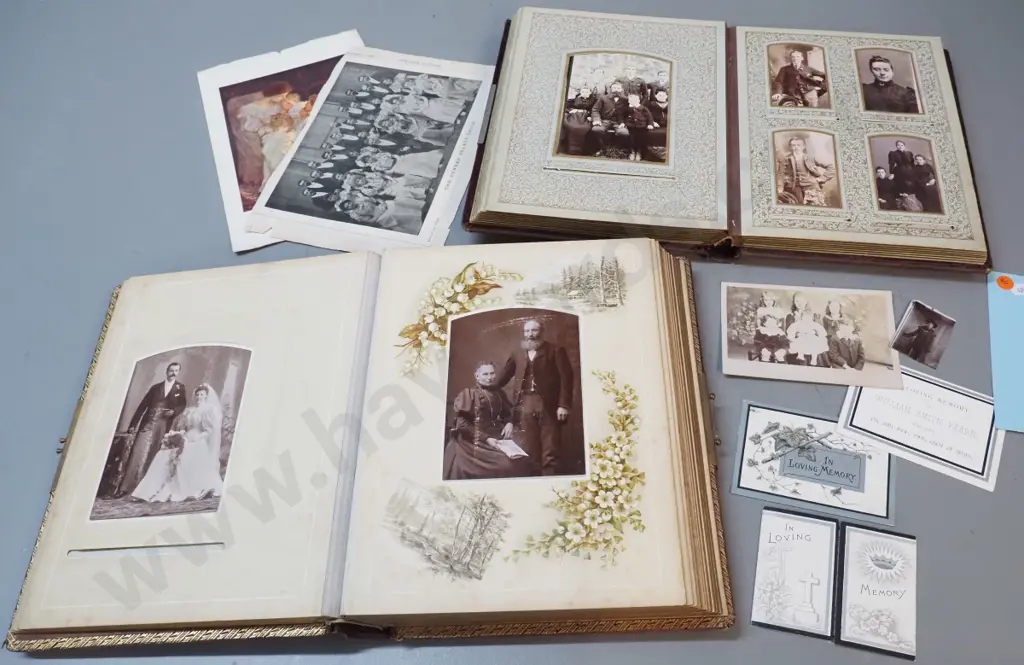 2 antique photo albums with numerous portrait & group photographs, some loose photos and memorial cards. Both missing Image 1++