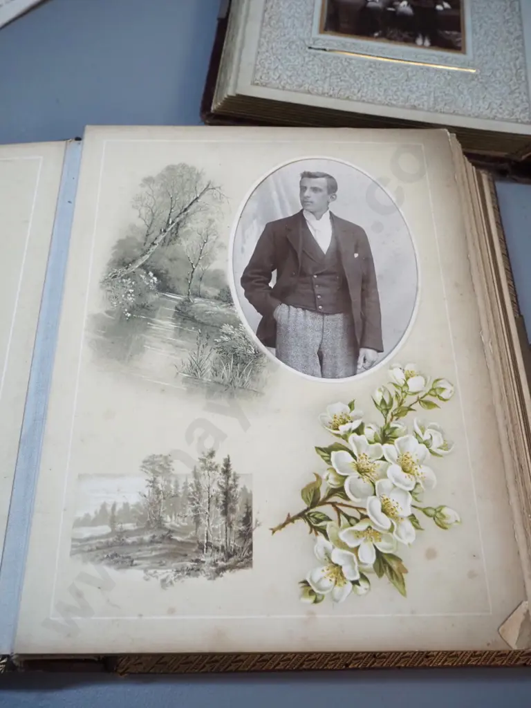 2 antique photo albums with numerous portrait & group photographs, some loose photos and memorial cards. Both missing Image 1++