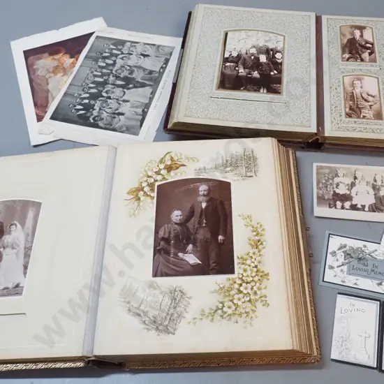 2 antique photo albums with numerous portrait & group photographs, some loose photos and memorial cards. Both missing