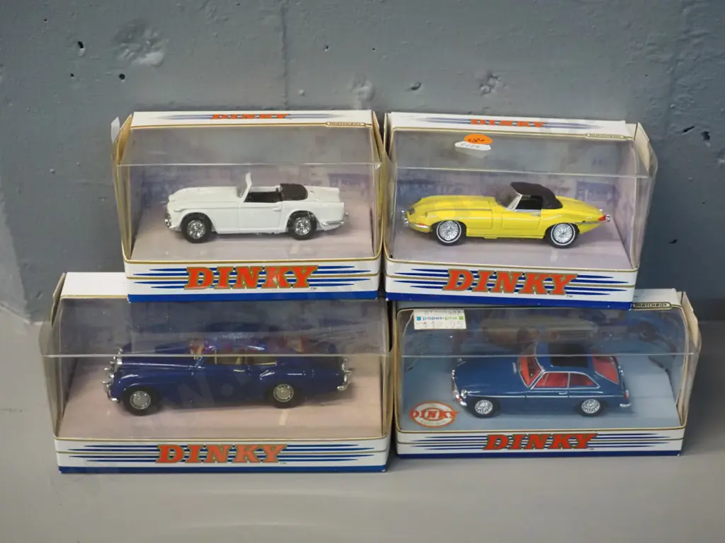 4 boxed Dinky die-cast 1:43 scale model vehicles - 1967 Jaguar E-type, 1965 Triumph TR4A, 1965 MGB GT, 1955 Bentley Image 1++