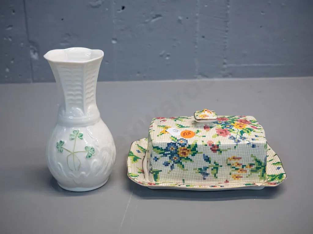 Royal Winton Queen Ann covered butter dish and a Belleek vase H-140 Image 1++