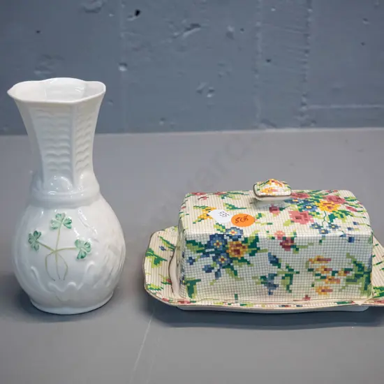 Royal Winton Queen Ann covered butter dish and a Belleek vase H-140