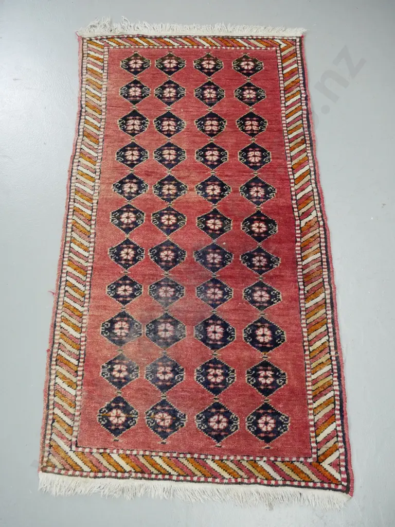 hand-knotted wool floor rug - Turkoman style red, blue and brown - wear and significant fading L-1330 W-700 Image 1++