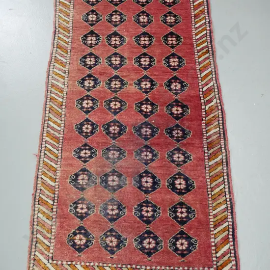 hand-knotted wool floor rug - Turkoman style red, blue and brown - wear and significant fading L-1330 W-700